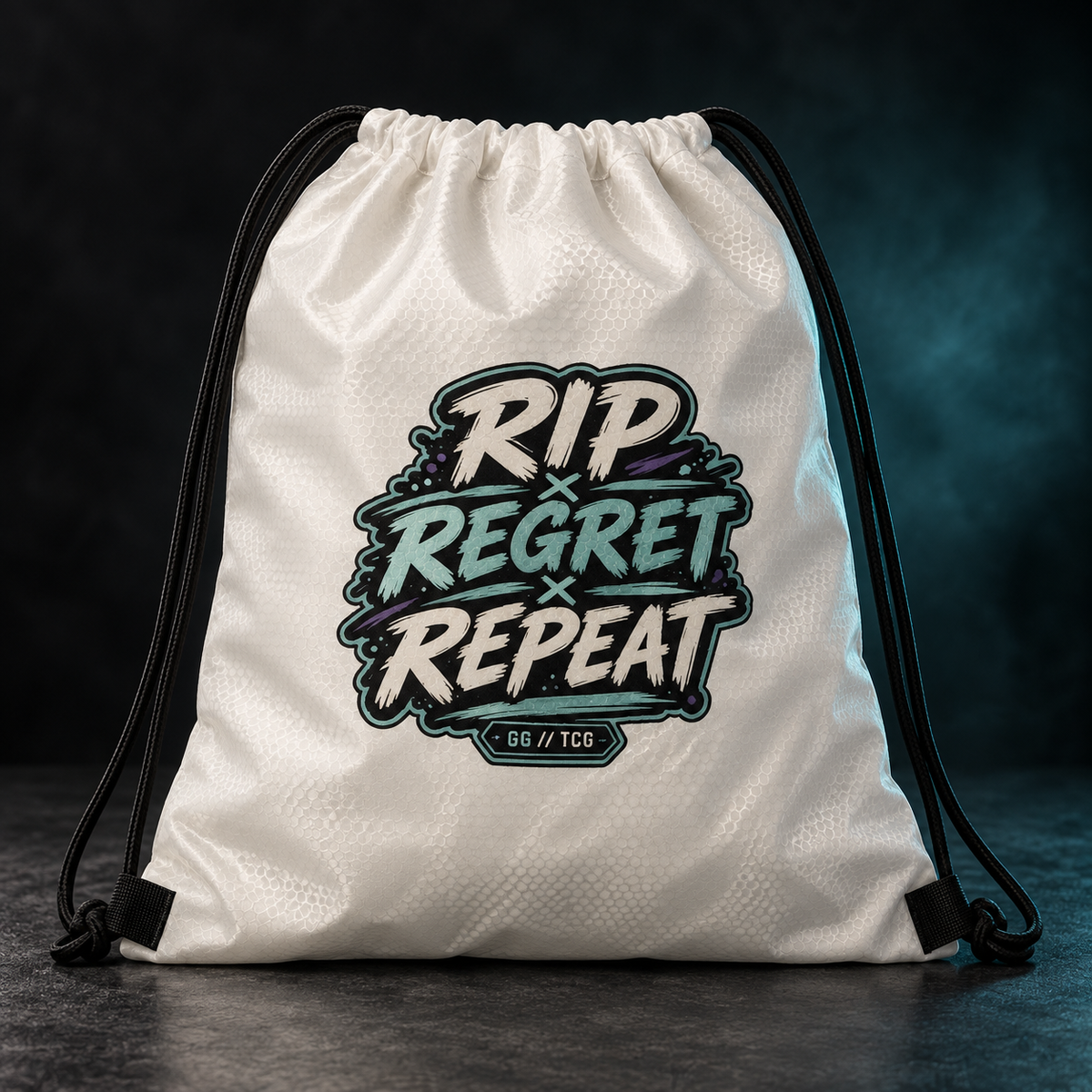 White Gaming Gear Rip Regret Repeat drawstring bag with black cords