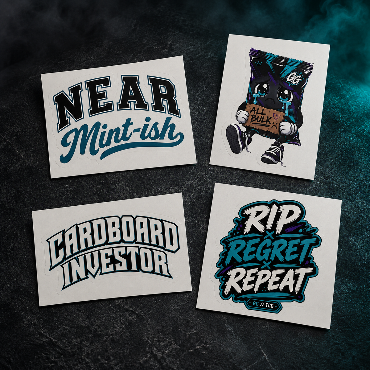 Gaming Gear set of four stickers: Near Mint-ish, All Bulk, Cardboard Investor and Rip Regret Repeat